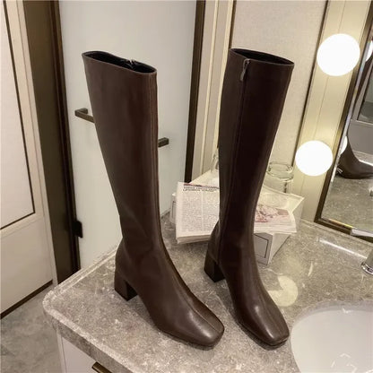 Women Warm Long Boots Woman Knee High Booties Ladies Shoes Platform Thick Heel PU Leather Soft Zipper Woman Fashion Winter 2023