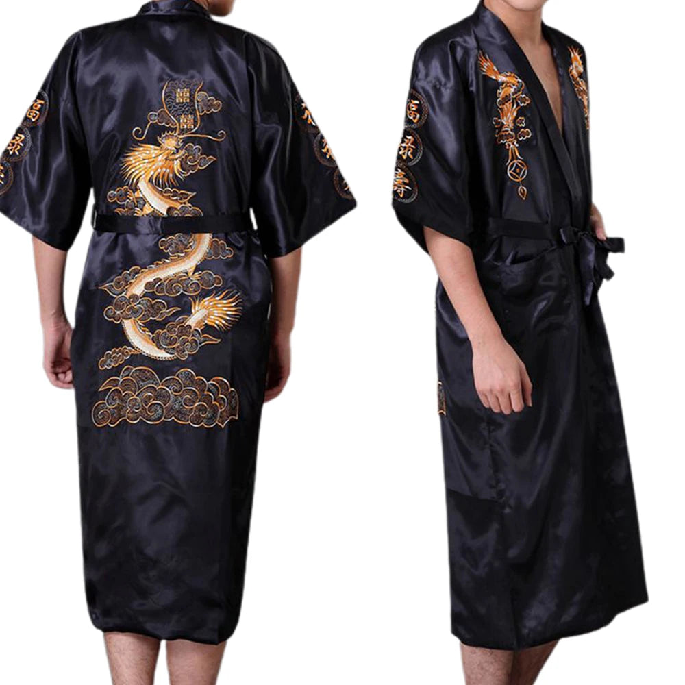 Men's Satin Robes Chinese Style Dragon Embroidery Kimono Silk-like Bathrobe Pajamas Sleepwear Gown Bath Robe