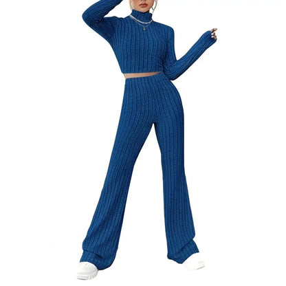 Slim Fit Women Suit Women Knitted Suit Elegant Knitted Winter Outfit Turtleneck Cropped Top High Waist Flared Pants Women's Slim Blue China