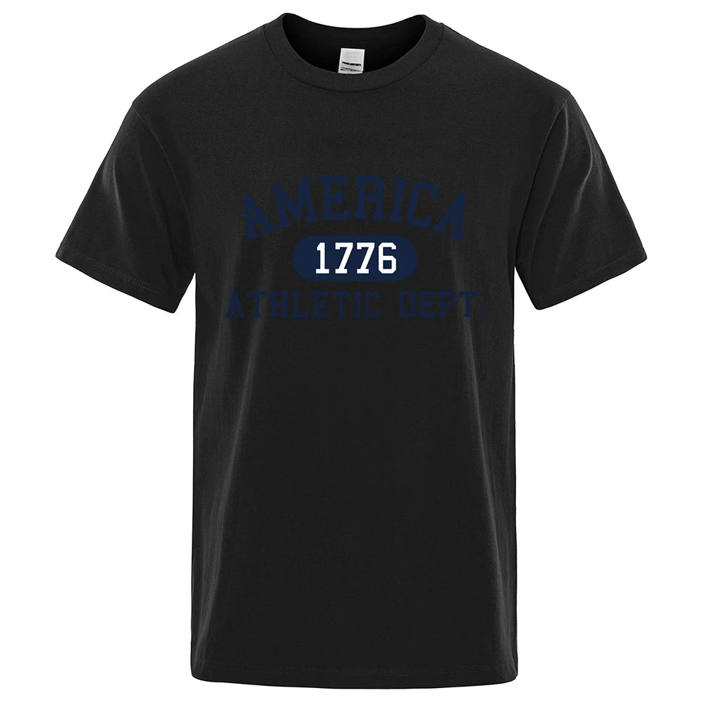 America 1776 Athletic Dept Letter Tshirt Man Fashion Tee Clothes Summer Luxury T-Shirt Hip Hop Breathable Cotton Tee Clothes Black