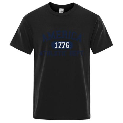 America 1776 Athletic Dept Letter Tshirt Man Fashion Tee Clothes Summer Luxury T-Shirt Hip Hop Breathable Cotton Tee Clothes Black