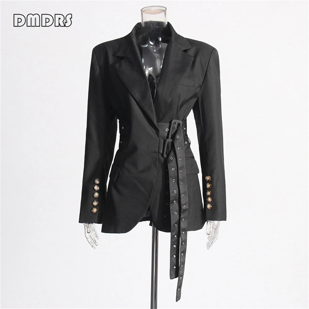 High Street Women's Suit Jacket, Fashionable Belt Notched Jacket for Women, Regular Fit Autumn Outfit