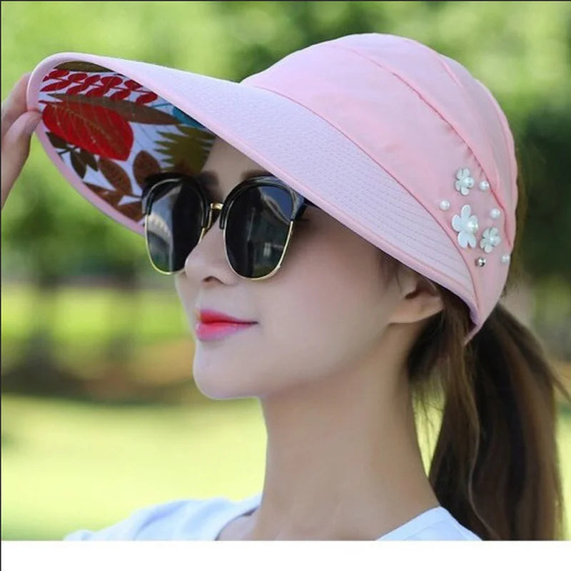 Summer Hats for Women Foldable Sun Hat Pearl Flower Visor Suncreen Floppy Cap Female Outdoor Casual Baseball Cap Hat for Woman Pink