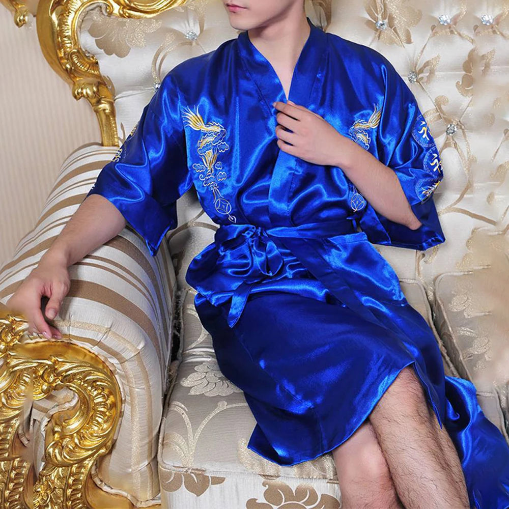 Men's Satin Robes Chinese Style Dragon Embroidery Kimono Silk-like Bathrobe Pajamas Sleepwear Gown Bath Robe