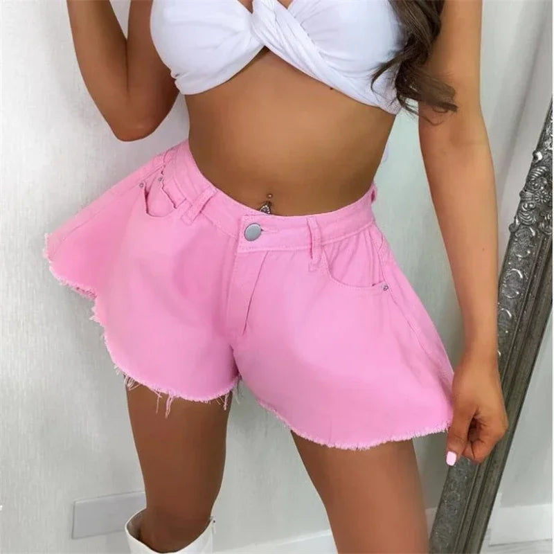 Women Denim Shorts Summer Loose Style High Waist Streetwear Pantalones Cortos Solid Cutting Edge Flared Shorts Fashion Femme Pink