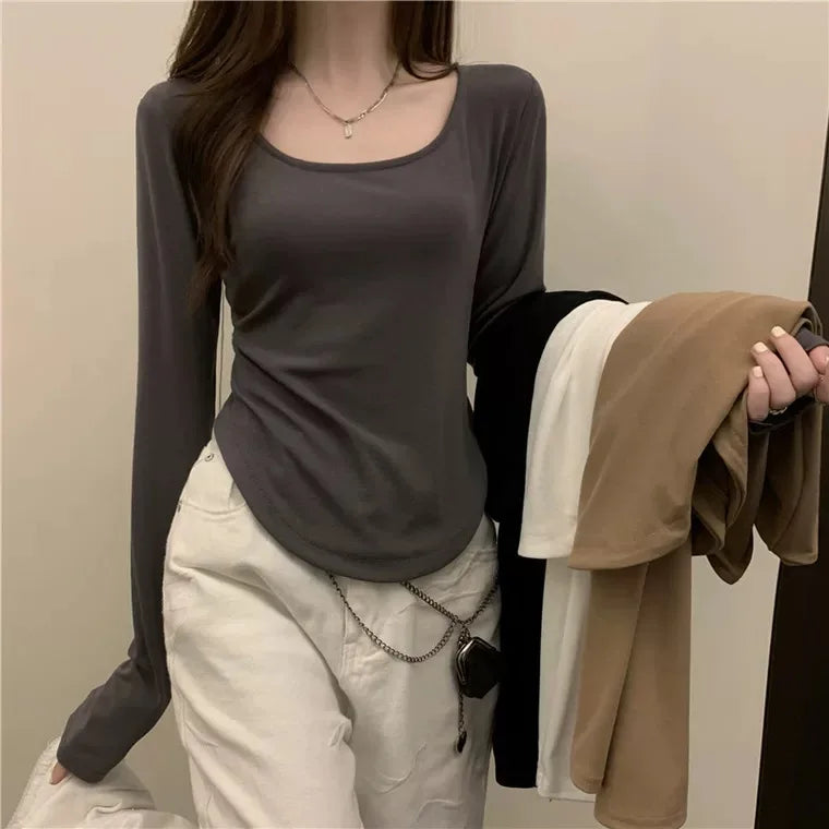 Square Neck Long Sleeve T-Shirt Women Spring Autumn New Irregular Hem Slim Casual Top Winter Solid Bottom Shirts New Korean Gray