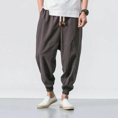 2023 Spring oversize casual pants men streetwear cotton linen harajuku joggers fashion baggy harem pants for man A14 Brown Gray CHINA