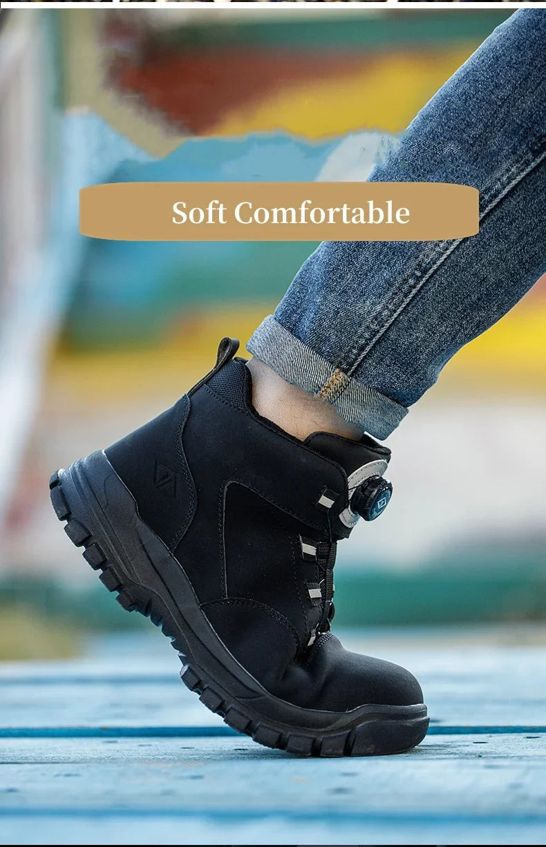 Black Leather Winter Fashion 2023 Rotating Buttons Safety Shoes Men Waterproof Work Boots Men Anti-puncture Protective Footwear