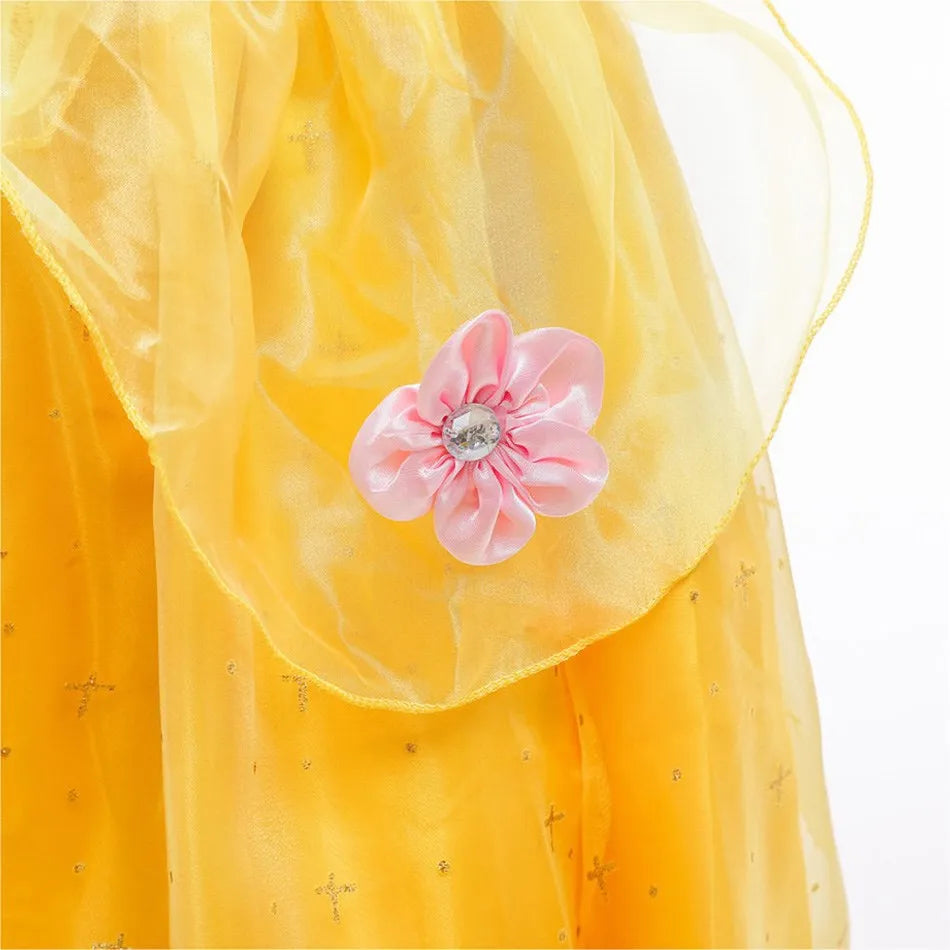 Girls Dress Belle Costume Kids Halloween Carvinal Fancy Cosplay Belle Clothes Children Wedding Party Flower Printing Dress 3-10Y