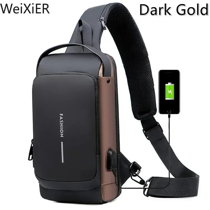 Men Anti Theft Chest Bag Shoulder Bags USB Charging Crossbody Package School Short Trip Messengers Bags Men's Oxford Sling Pack Brown 1818