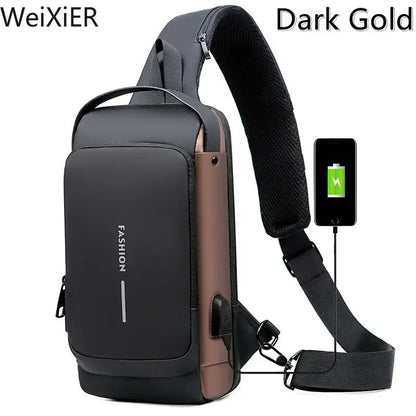 Men Anti Theft Chest Bag Shoulder Bags USB Charging Crossbody Package School Short Trip Messengers Bags Men's Oxford Sling Pack Brown 1818