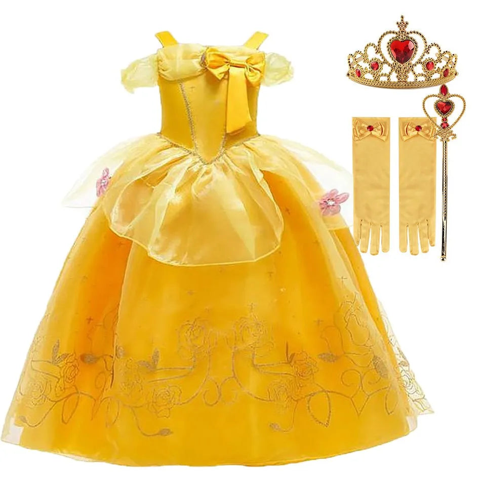 Girls Dress Belle Costume Kids Halloween Carvinal Fancy Cosplay Belle Clothes Children Wedding Party Flower Printing Dress 3-10Y