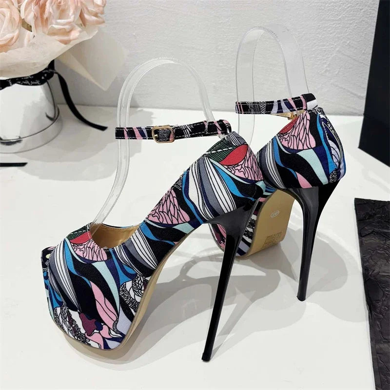 Eilyken Designer Print Peep Toe Ultra Thin High Heels Women Pumps Sexy Pole Dancing Ankle Buckle Strap Ladies Shoes