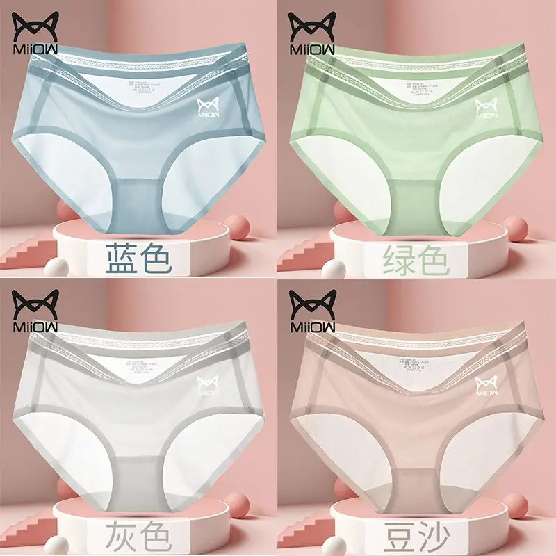 Cat Man 3/4 Ice Silk Women's Underwear Women's Antibacterial Cotton Crotch Adult Traceless Mid rise Silk Slippery New Briefs 4 piecesB 3pcs