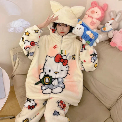 Sanrio Cartoon Hello Kitty Pajamas Female Flannel autumn Winter New Plus Thicken Velvet Sweet Keep Warm Pajamas set leisure wear