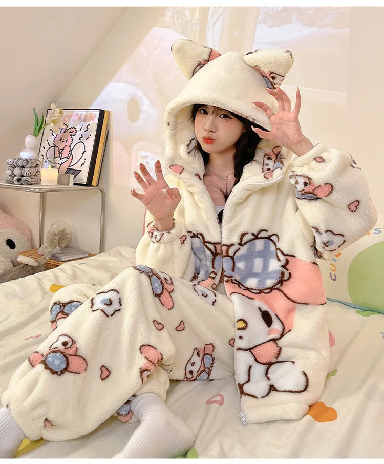 Sanrio Cartoon Hello Kitty Pajamas Female Flannel autumn Winter New Plus Thicken Velvet Sweet Keep Warm Pajamas set leisure wear