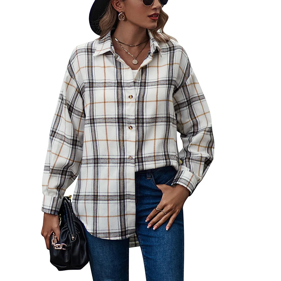 2024 New Spring Autumn Women Blouses Tops Female Casual Loose Boyfriend Plaid Shirt Women Long-sleeve Lapel Tops 2XL Shirts