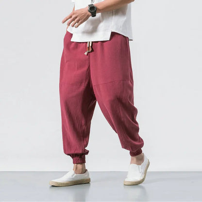 2023 Spring oversize casual pants men streetwear cotton linen harajuku joggers fashion baggy harem pants for man A14 Red CHINA