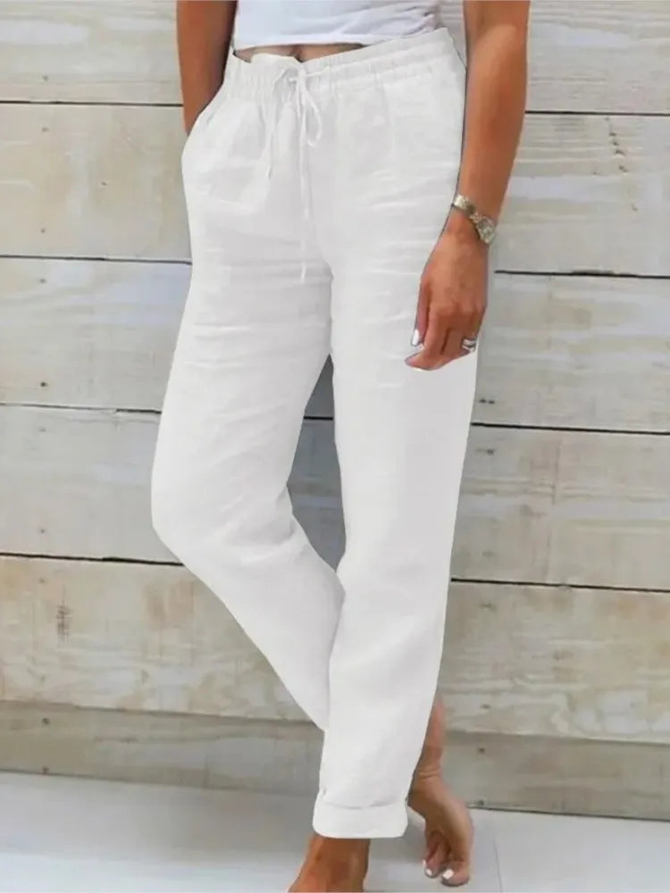 Women's High Waist Solid Color Cotton Linen Casual Pants Fashion Summer Female Holiday Casual Long Pant New 2024