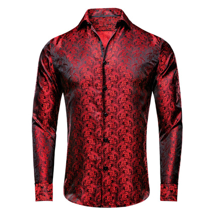 Hi-Tie Gold Luxury Mens Shirts Silk Jacquard High Quality Long Sleeve Lapel Shirt Casual Formal for Male Wedding Business Gifts