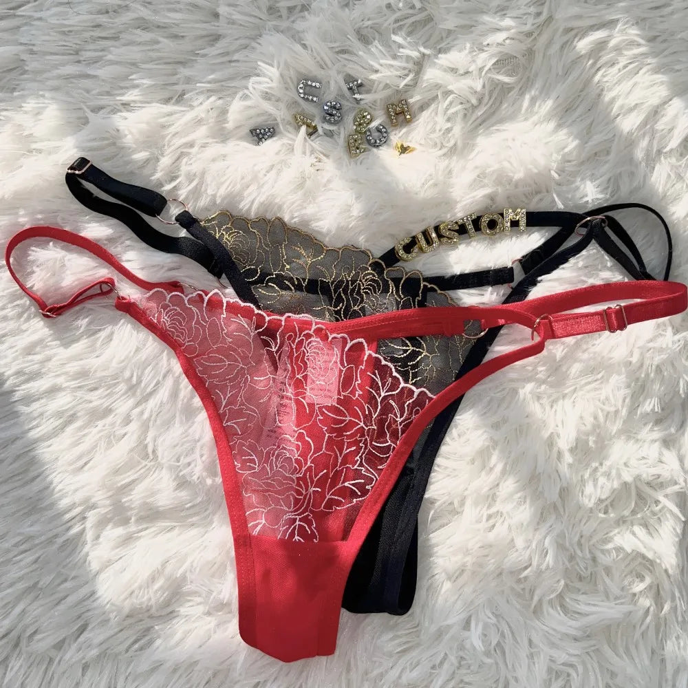 Custom Name Hollow Thong Lace Flower Underwear Personality Letter Customization Panties String Hotwife Christmas gifts Women