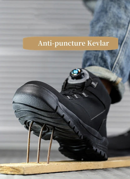 Black Leather Winter Fashion 2023 Rotating Buttons Safety Shoes Men Waterproof Work Boots Men Anti-puncture Protective Footwear