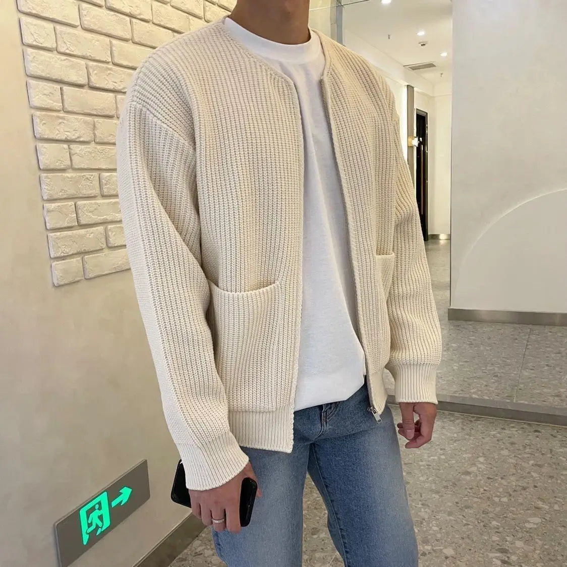 Men's Solid Color Slim-Fit Cardigan Zipper Sweater Autumn and Winter Sweater Coat Top Men Long Sleeve Stand Collar Sweater Coat