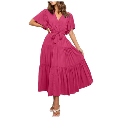 Women Chiffon Dress 2024 Summer Lace-Up Butterfly Sleeve Casual Ruffle V-Neck Fashion Party Vestidos Sexy Bohemian Robe Femme