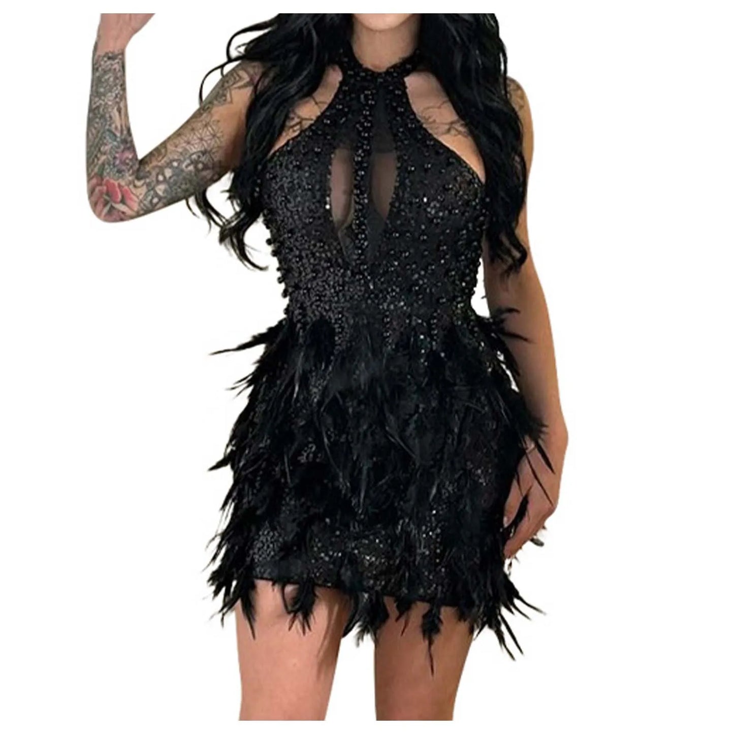 Women Sequined Feather Sleeveless O-neck Mesh Bodycon Mini Dress 2024 New Sexy Holiday Party Evening halter Dresses Vestidos