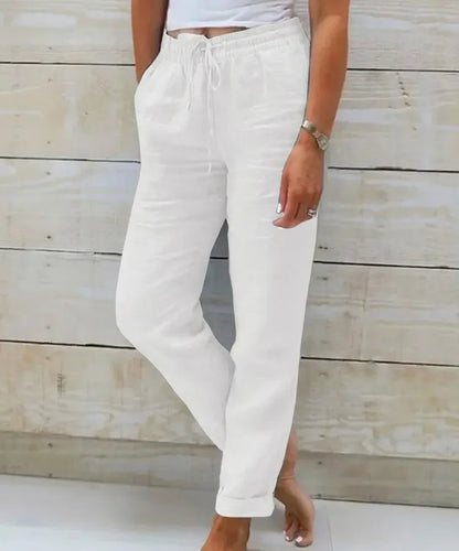 Women's High Waist Solid Color Cotton Linen Casual Pants Fashion Summer Female Holiday Casual Long Pant New 2024 white