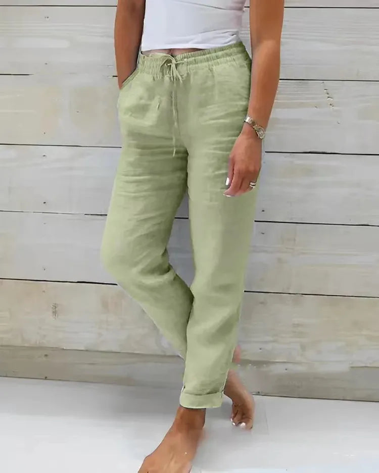 Women's High Waist Solid Color Cotton Linen Casual Pants Fashion Summer Female Holiday Casual Long Pant New 2024 green