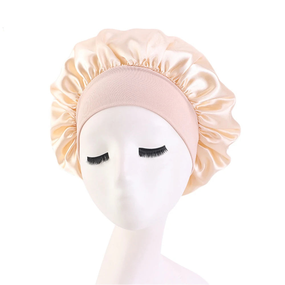 Newly Women's Satin Solid Sleeping Hat Night Hair Care Bonnet Nightcap For Women Men Unisex Cap Beige