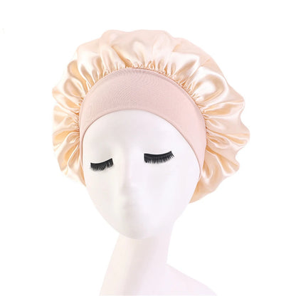 Newly Women's Satin Solid Sleeping Hat Night Hair Care Bonnet Nightcap For Women Men Unisex Cap Beige