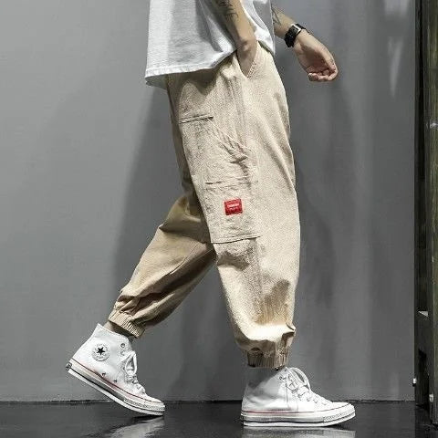 New Korean Fashion Men's Wide Leg Linen Loose Nine Point Cargo Pants Men Clothing Techwear Sweatpants Trousers Streetwear 736 Khaki