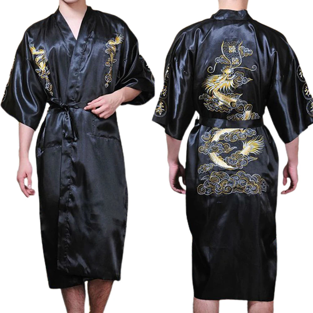 Men's Satin Robes Chinese Style Dragon Embroidery Kimono Silk-like Bathrobe Pajamas Sleepwear Gown Bath Robe