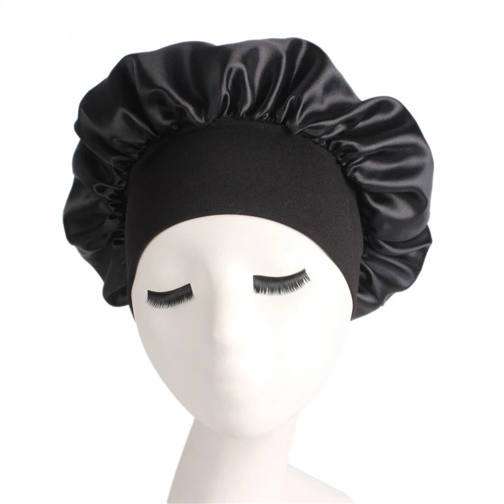 Newly Women's Satin Solid Sleeping Hat Night Hair Care Bonnet Nightcap For Women Men Unisex Cap Black