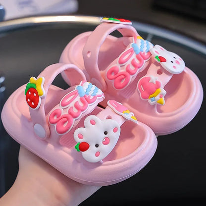 Children Sandals Slippers Soft Anti-Skid Cartoon rabbit panda DIY Design Hole Baby For Boys Girls Summer Kids Sandy Beach Shoe pink1