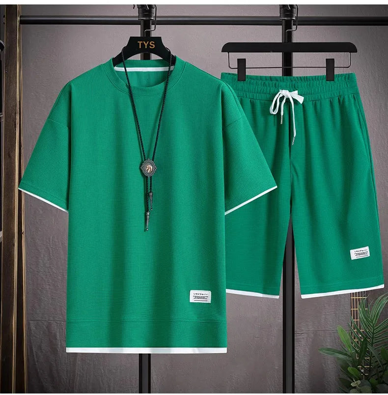 Waffle Men's Summer Short Sleeve And Shorts Two Piece Sets Sports Casual Tracksuit Men Comfortable Cool Shorts Oversized Set Image Color 5