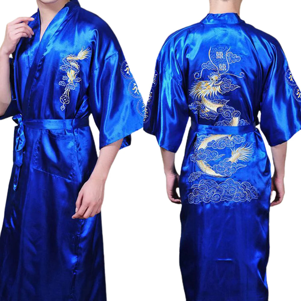 Men's Satin Robes Chinese Style Dragon Embroidery Kimono Silk-like Bathrobe Pajamas Sleepwear Gown Bath Robe