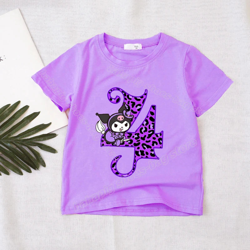 Kuromi Number T-Shirt Girl Birthday Clothes Short Sleeve Purple  Kids T-Shirts Kawaii Children Tee Cartoon Casual Toddler Tops