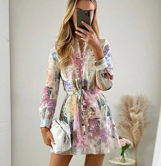 TEELYNN Boho Floral Print Summer Dress for Women Vintage O-neck Long Sleeve Dresses 2022 Beach Wear High Waist Loose Vestidos