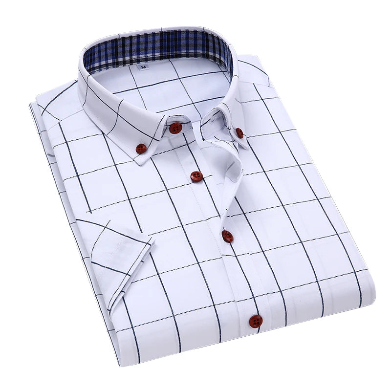 TFETTERS Summer Men Shirts Short Sleeve Plaid Shirt Slim Casual Button Up Dress Shirts Men Big Size M-5XL Anti-wrinkle Soft WHITE