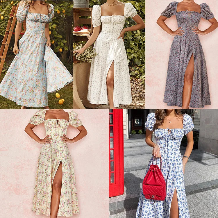 Lovely Elegant French Floral Printed Half-Sleeve Maxi Dress Women's Sexy Backless Slim Halter Split Dresses A-Line Robe Vestidos