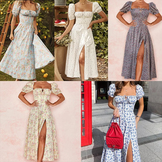 Lovely Elegant French Floral Printed Half-Sleeve Maxi Dress Women's Sexy Backless Slim Halter Split Dresses A-Line Robe Vestidos