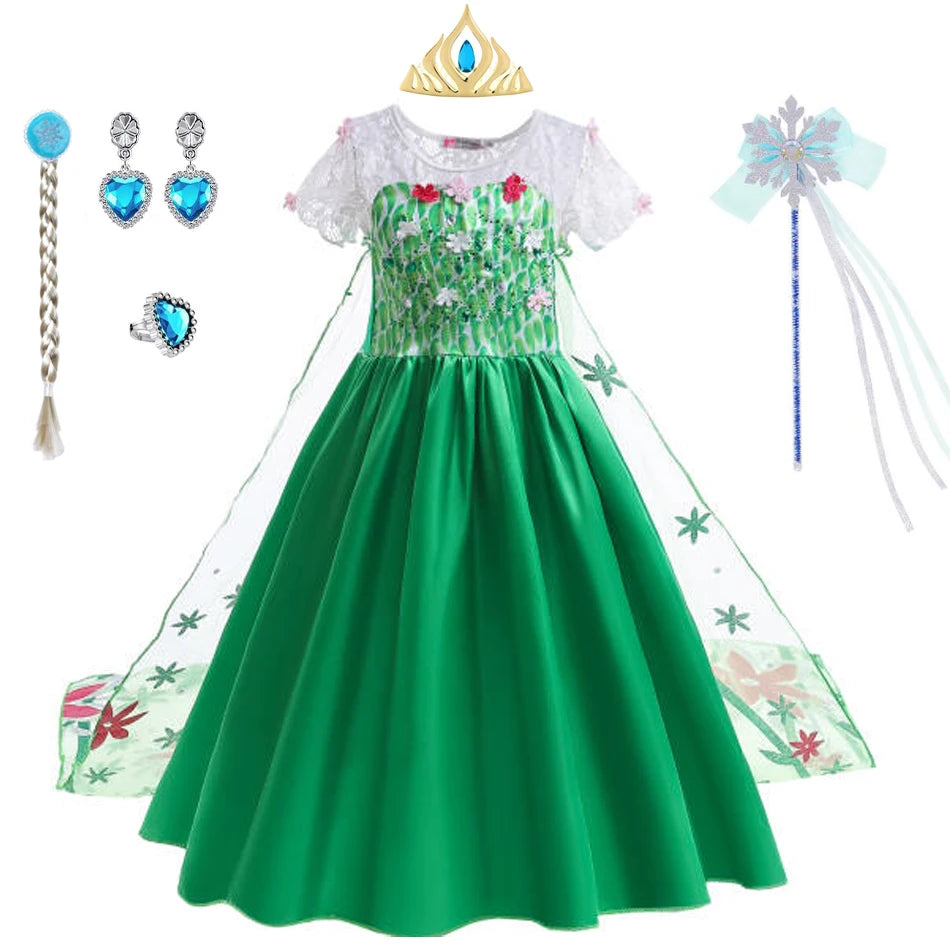 Elsa Dress Girl Princess Dress Cosplay Costume Dresses Baby Kids Clothes Fantasia Vestidos Green For Children