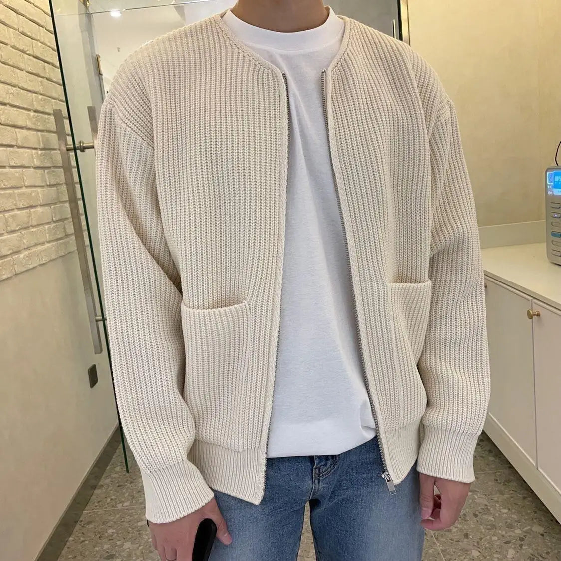 Men's Solid Color Slim-Fit Cardigan Zipper Sweater Autumn and Winter Sweater Coat Top Men Long Sleeve Stand Collar Sweater Coat