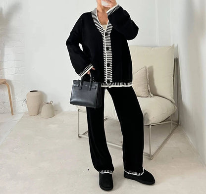 Comfortable 2 Piece Sets Women Outfit Casual Colorblock V-Neck Button Loose Pocket Pullover Straight Leg Pants Set Pajama Set