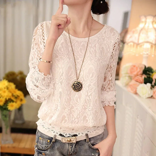 Summer Casual White Lace Clothing Fashion Long Sleeve New Tops Shirts for Women Elegant Black O-neck Ladies Blouse Blusas 51C