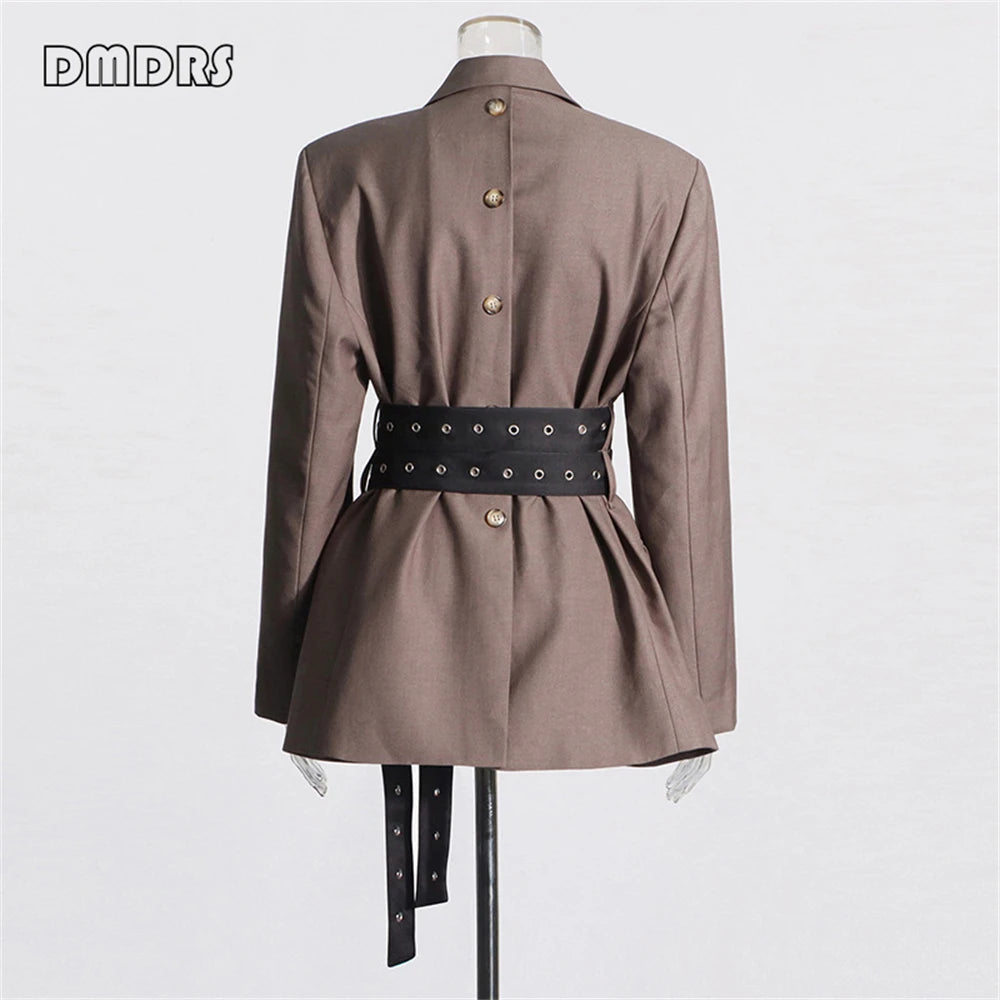 High Street Women's Suit Jacket, Fashionable Belt Notched Jacket for Women, Regular Fit Autumn Outfit