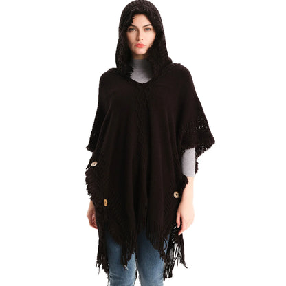 2023 Women's Hooded Shawl Warm Spring and Autumn Large Size Knit Sweater Button Hooded Cape Shawl